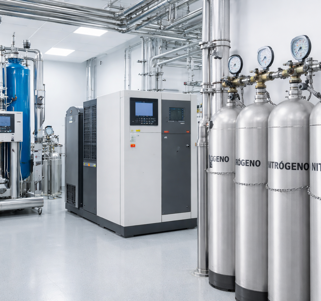 Cañerías de gases comprimidos de acero inoxidable en instalación farmacéutica
