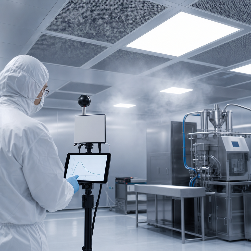 Ensayo de recuperación Recovery Test ISO 14644-3 en sala limpia farmacéutica con contador de partículas